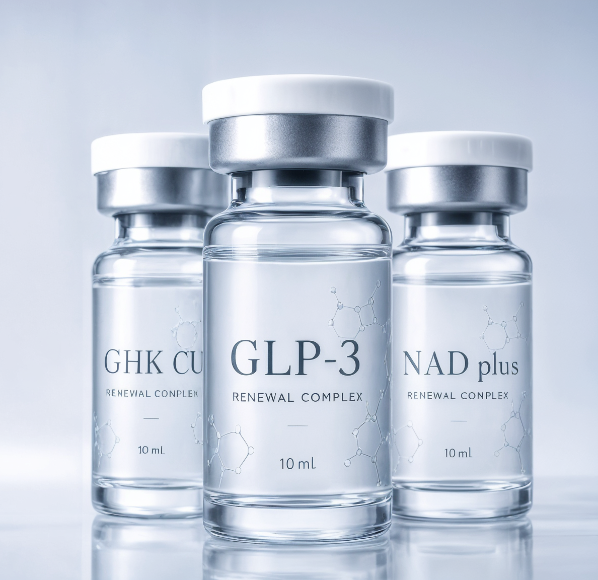 Three research peptide vials